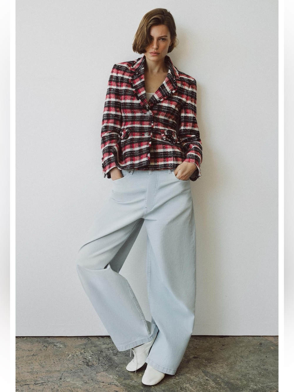 Zara Red Black Plaid Tweed Blazer